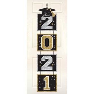 2021 Graduation Glitter Vertical Door Decoration - Black Silver Gold